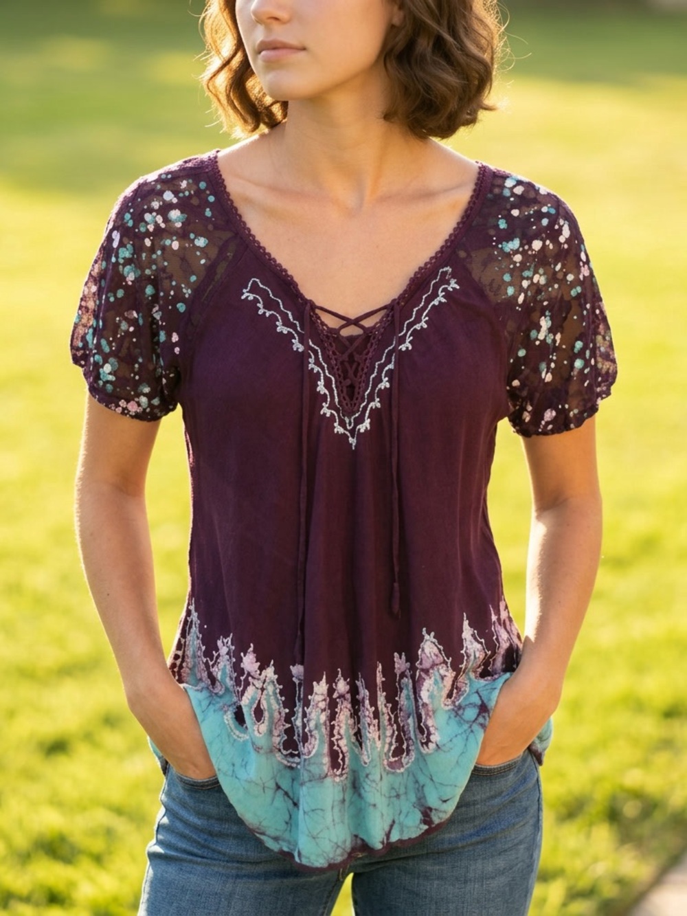 🌺 Sakkas Boho Peasant Top Tie-Dye Embroidered FREE SIZE